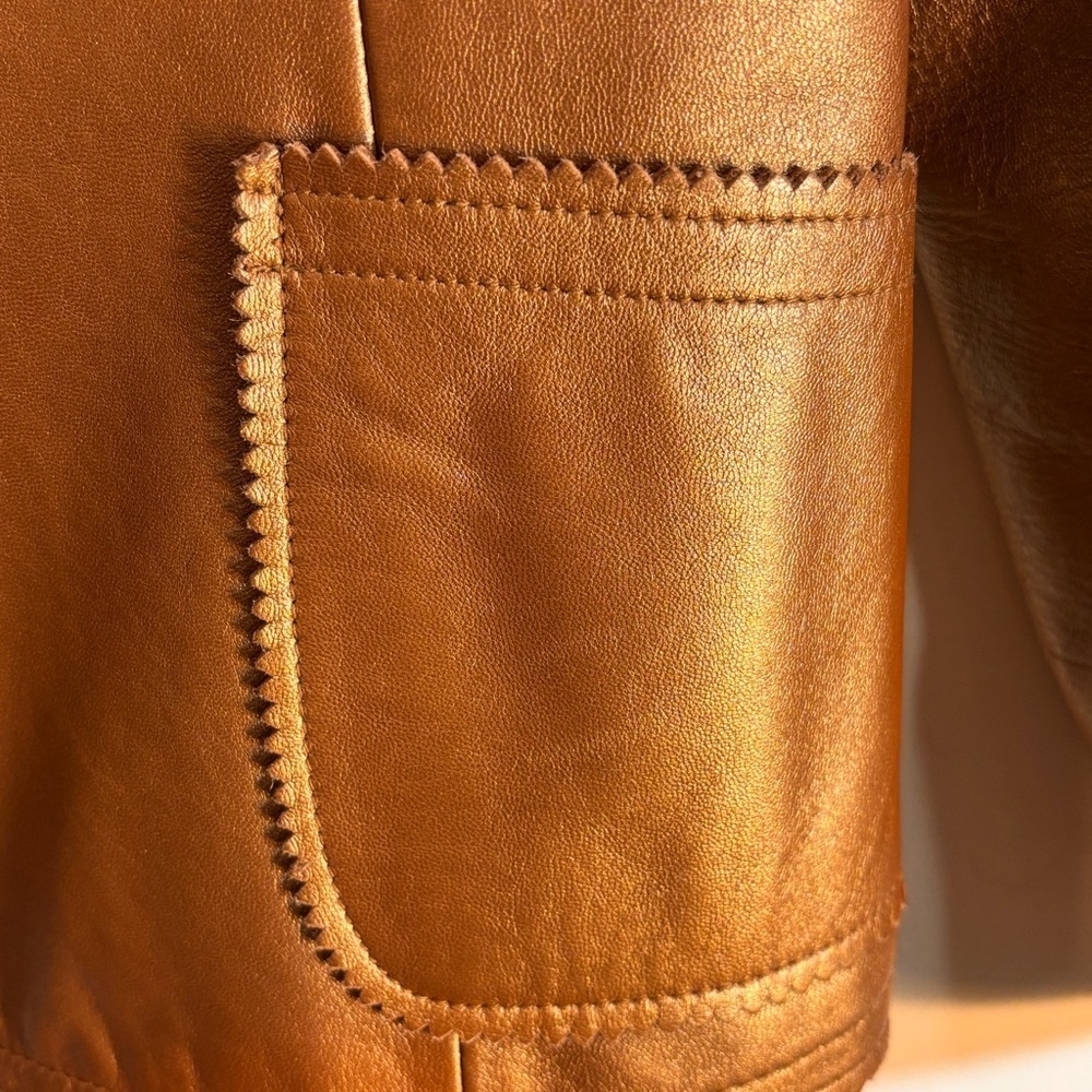 Jones New York SZ M Copper Tan Leather Metallic Sheen Lined Jacket with Pockets - Picture 2 of 9